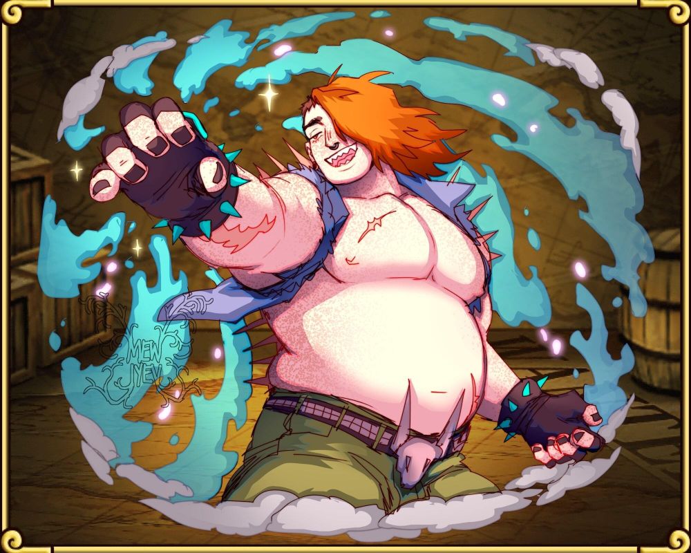 One Piece treasure cruise styled card artwork of Maren. He's wearing a small ripped jean vest with his large stomach and pecs poking out it, and he's wearing spiked fingerless gloves. He's reaching towards the camera with a smile, water swirling around him to indicate his fishman MMA skills.