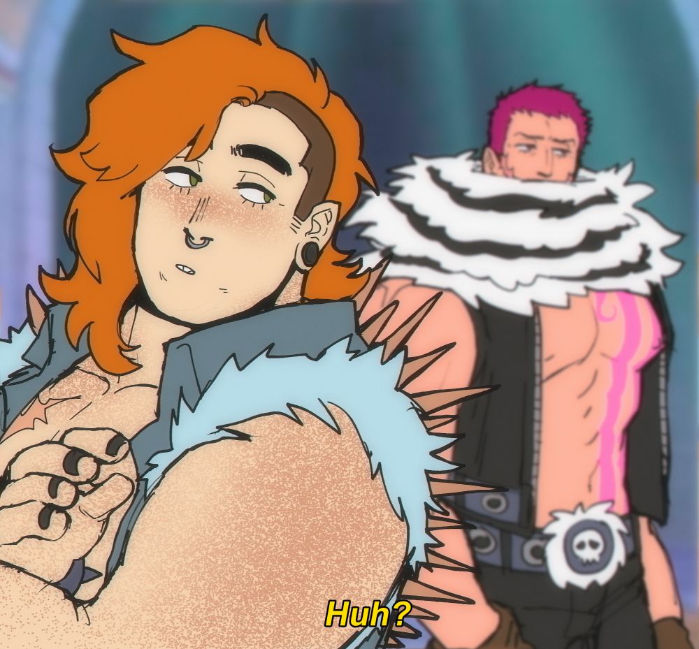 Anime style screenshot of Katakuri and Maren, where Maren is now in focus, looking back and saying Huh? As Katakuri looks away.