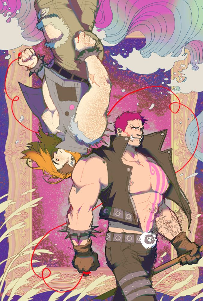 Purple toned artwork with Katakuri and Maren flipped like a playing card. Katakuri is standing at the bottom with wheat, and he has a red string attached to his finger that's connected to Maren. Maren is surrounded by waves.