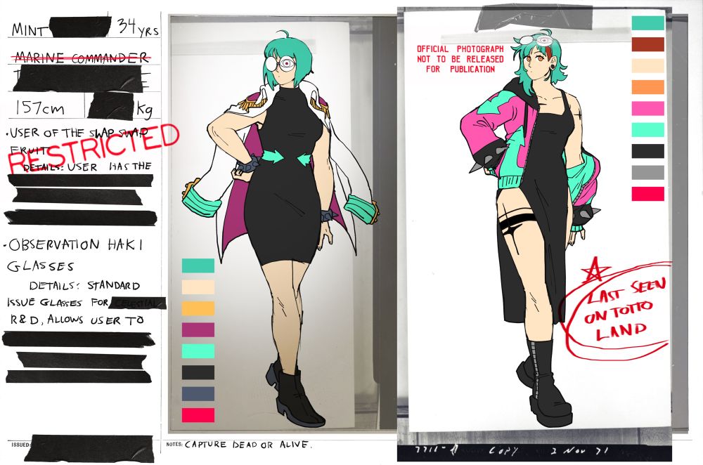 Reference sheet for Mint in the style of an official document, showing her before and after images.