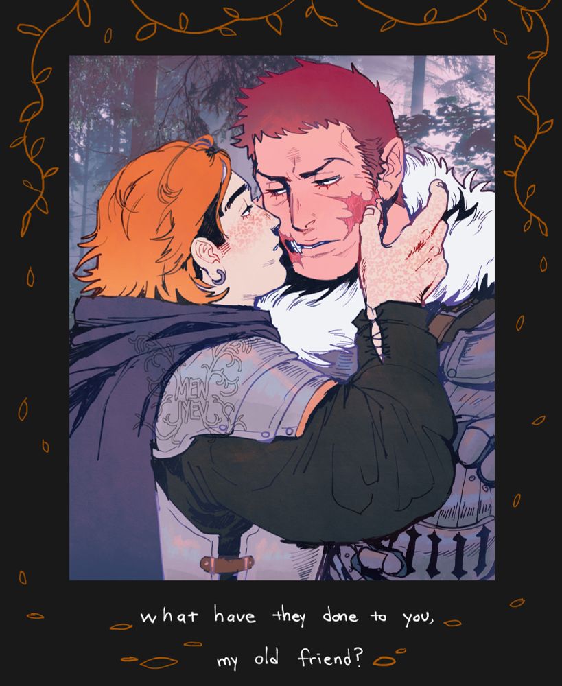 Flat colored artwork of Katakuri and Maren as knights. Maren touches Katakuri’s scarred cheek gently as he asks what they did to him, and Katakuri looks a bit surprised as he holds his helmet in his hands.