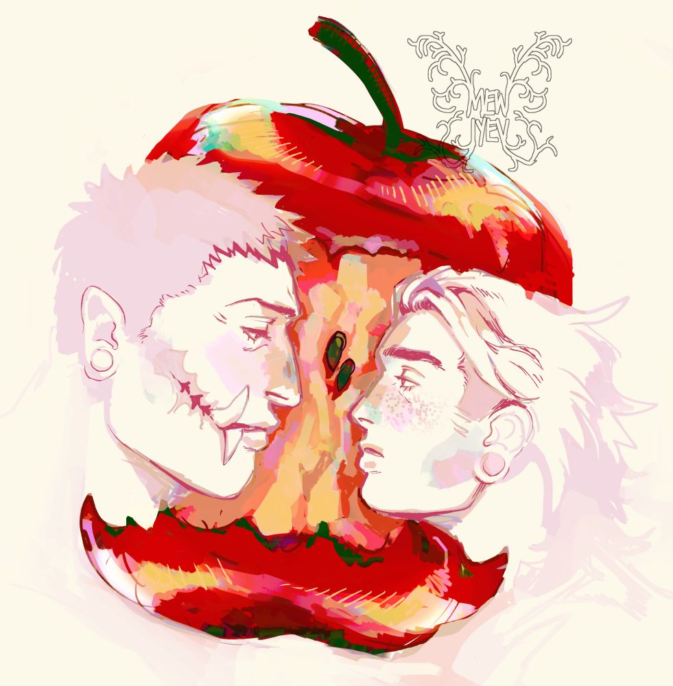 Painted sketch of Katakuri and Maren looking wistfully at each other through the negative space of an eaten apple. They have soft expressions on their faces, looking somewhat melancholy. They’re in faded colors of pink and orange in contrast to the highly bright apple separating them.