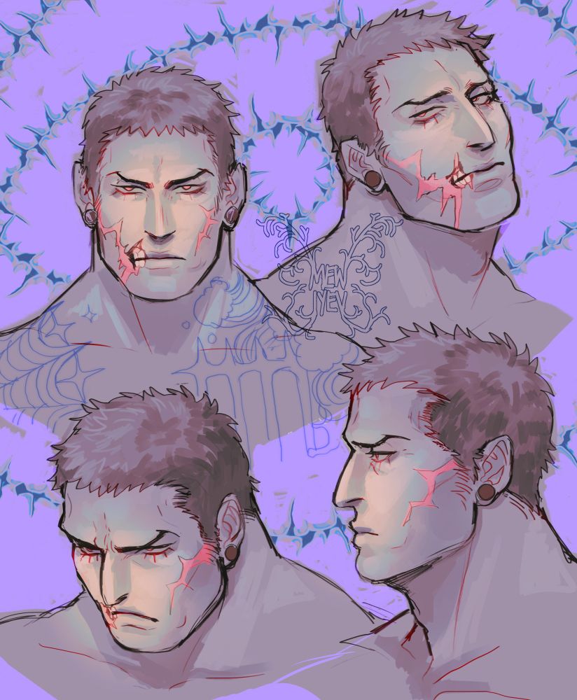Four portraits of a character who looks somewhat like Katakuri but with no fangs and more tattoos