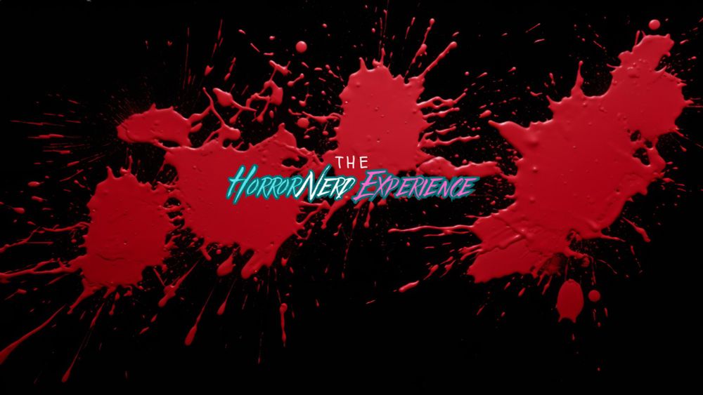 Banner of The HorrorNerd Experience, with blood splatter and a black background and the text in trans pride flag colors that says The HorrorNerd Experience.