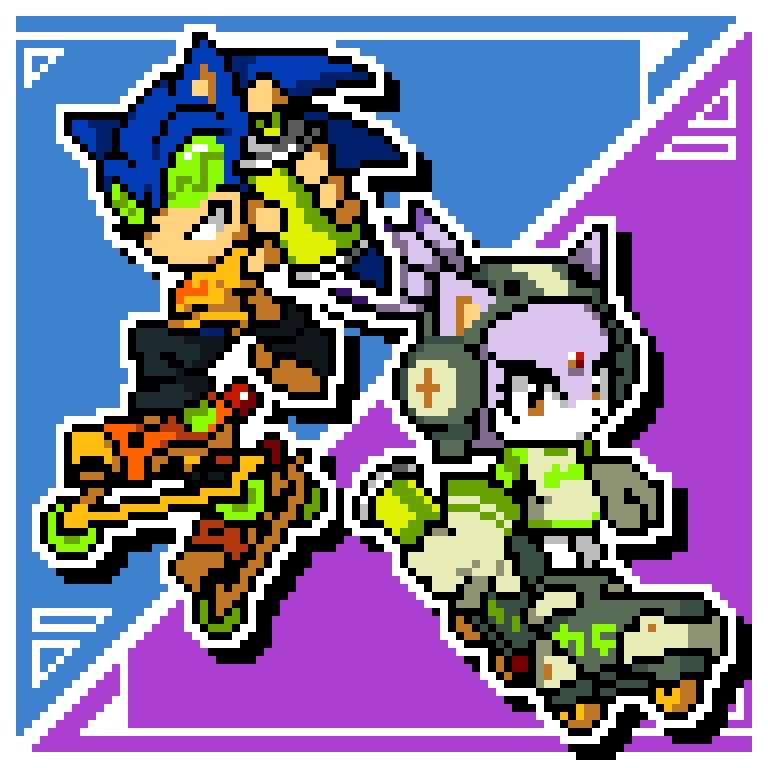 A pixel art image of Sonic the Hedgehog and Blaze the Cat from Sonic Rush, dressed to look like Beat and Gum from Jet Set Radio.