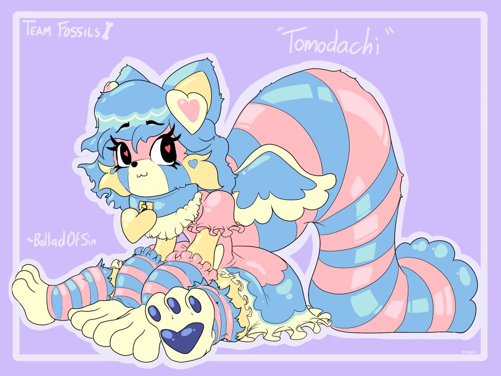 original artwork of balladofsin's character Tomodachi sitting with a cute expression. the text 'team fossils' 'tomodachi' 'balladofsin' and 'dizzybelle' appears in the background.