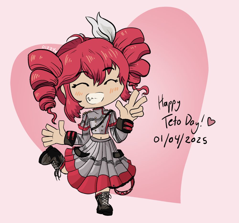 original artwork of Kasane Teto the SynthV Vocaloid doing a cute pose. Theres a pink heart in the background and the text to the right of the image reads 'Happy Teto Day! ♥ 01/04/2025'