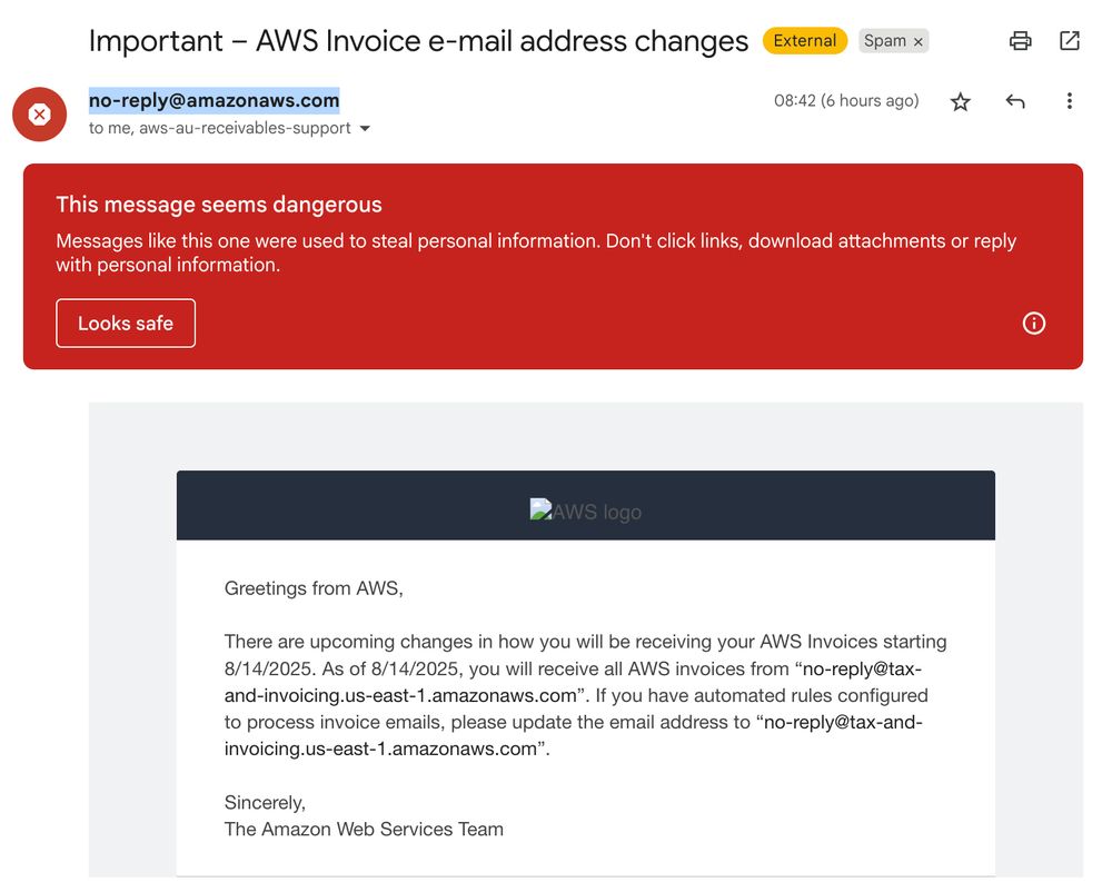 Screenshot of Amazon email informing of the change to an offical email address, flagged as spam by gmail.