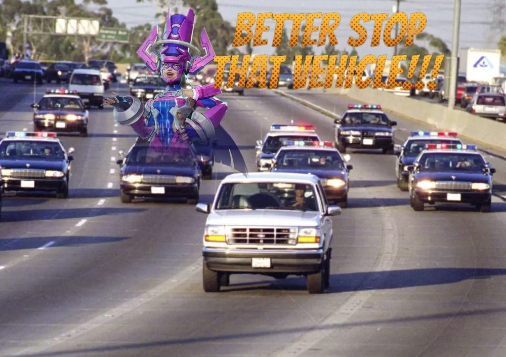 Meme of the famous OJ Simpson car chase with an addition of Marvel Rivals
