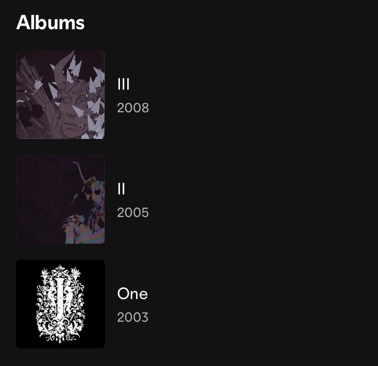 a screenshot of spotify showing the three full length albums released by canadian hardcore band, cursed. 