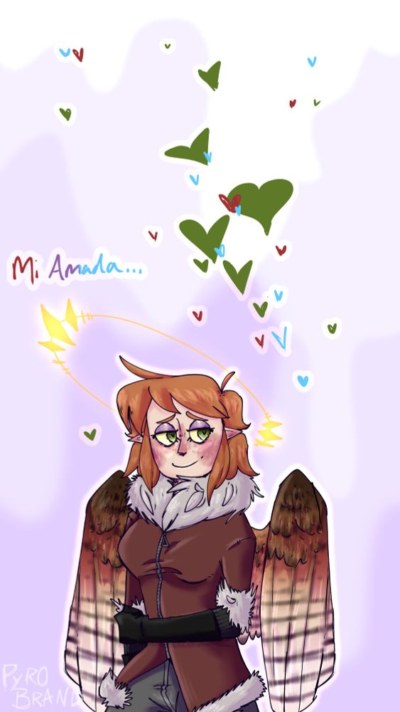 An angel with wings of a barn owl. She is Caucasian and light ginger, with green eyes and pointed elf-like ears- her name is Evelyn. Her eyes are olive green irises and pale-yellow scleras, signaling her status of an angel. Her hair is short and to her chin. Evelyn wears a maroon winter coat with an offset white fluffy collar and offset white fur at the ends of the sleeves and coat itself. She wears a long-sleeve, dark gray thermal underneath her coat, and her arms end in forearm-length, black gloves. Her pants are a light gray colored pair of jeans. Evelyn is sheepishly holding an arm, her expression shy but blushing, looking adoringly at Noah (off camera). She has a starred halo behind her that glows. The background is splattered with hearts in her and Noah’s eye colors, with the words “mi Amada” wrote in the same gradient as Noah’s “YIPPIE!”. 

She does not have an eye shine, due to things her character has gone through. 