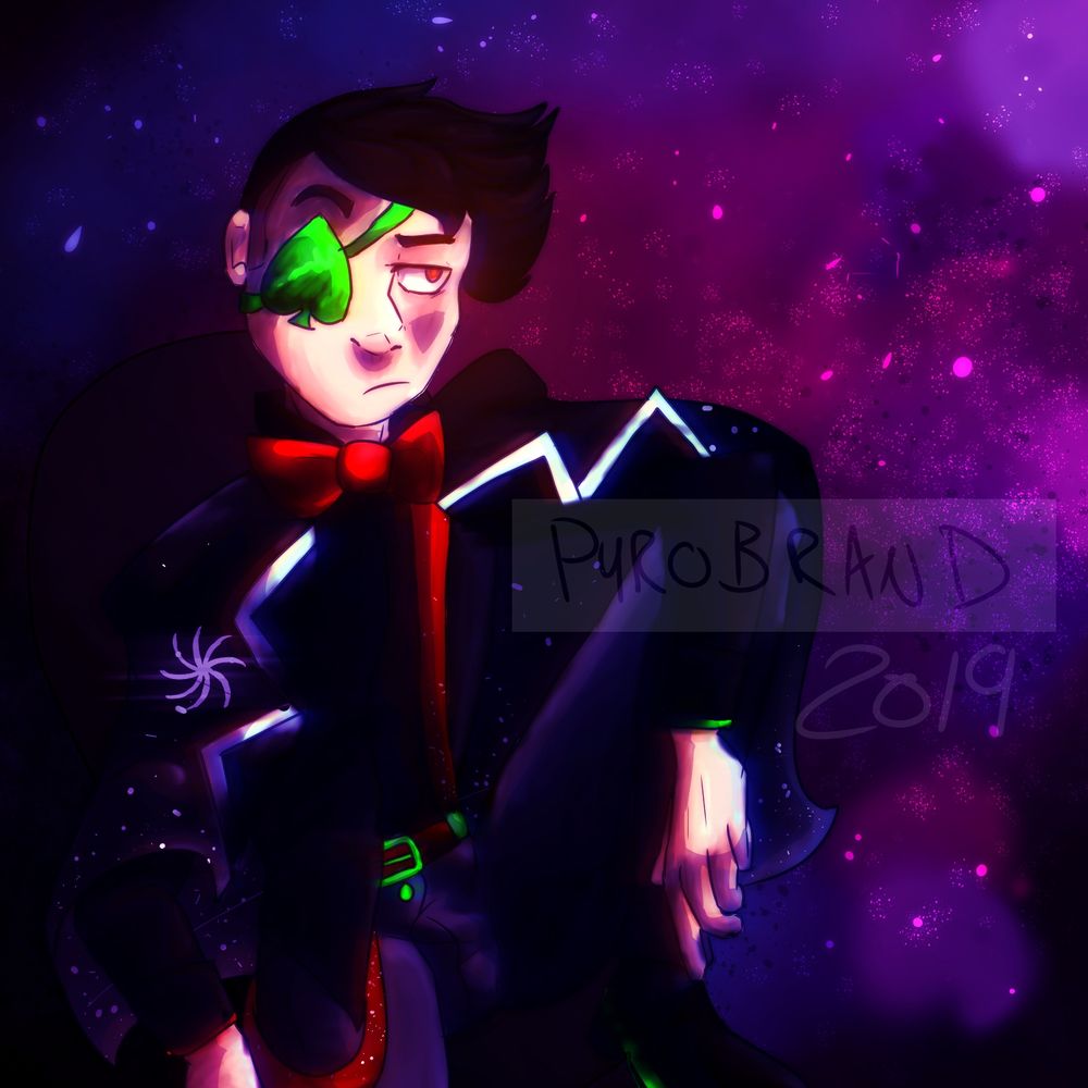 Old art of a then homestuck oc. 

He is in a black suit with a draped over coat in the space aspect colors (black/green/red). His suspenders are red and star-dotted, and connect to a red belt with green metal parts. One sleeve is accented in green, the other in red. His most prominent feature is the green spades eyepatch, which is meant to contrast against his shaved floop for hair. He sits in a chair with one knee propped in the chair, and his arm propped against his knee. He looks into space while very agitated. The background is in a space/galaxy theme and is vibrant violet/fuchsia hues. 