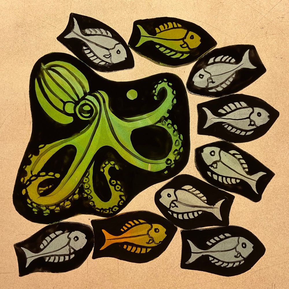 Octopus and fish in stained glass