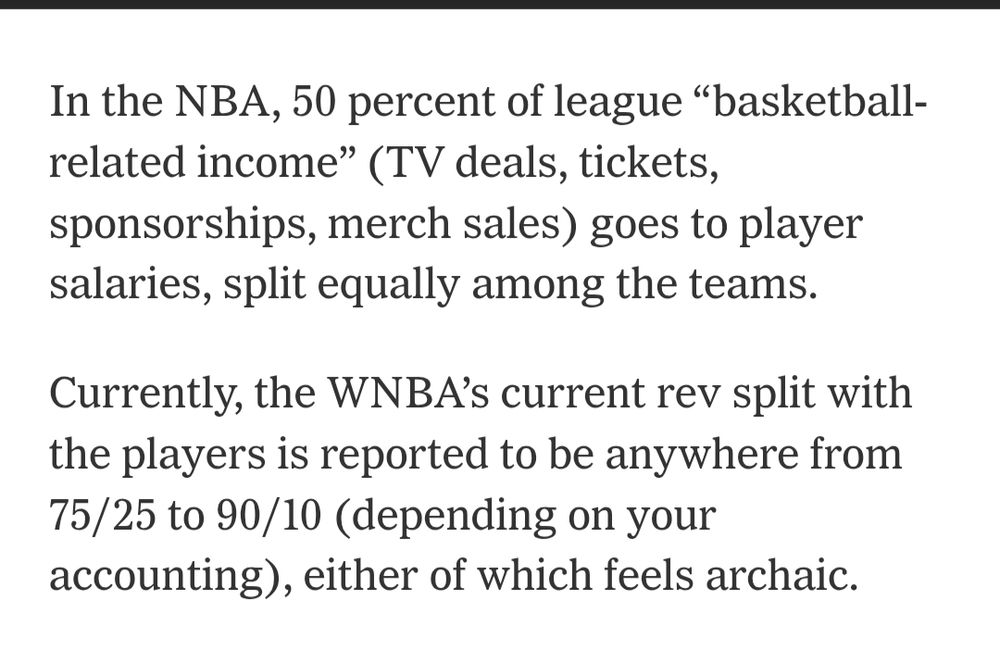50 percent of league basketball related income goes to players in the NBA. Only 10-25% does in the W.