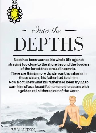 A book cover featuring a merman on a rock with the ocean behind him with a golden tail and blond hair. A yellow gem necklace hangs on the top left corner
