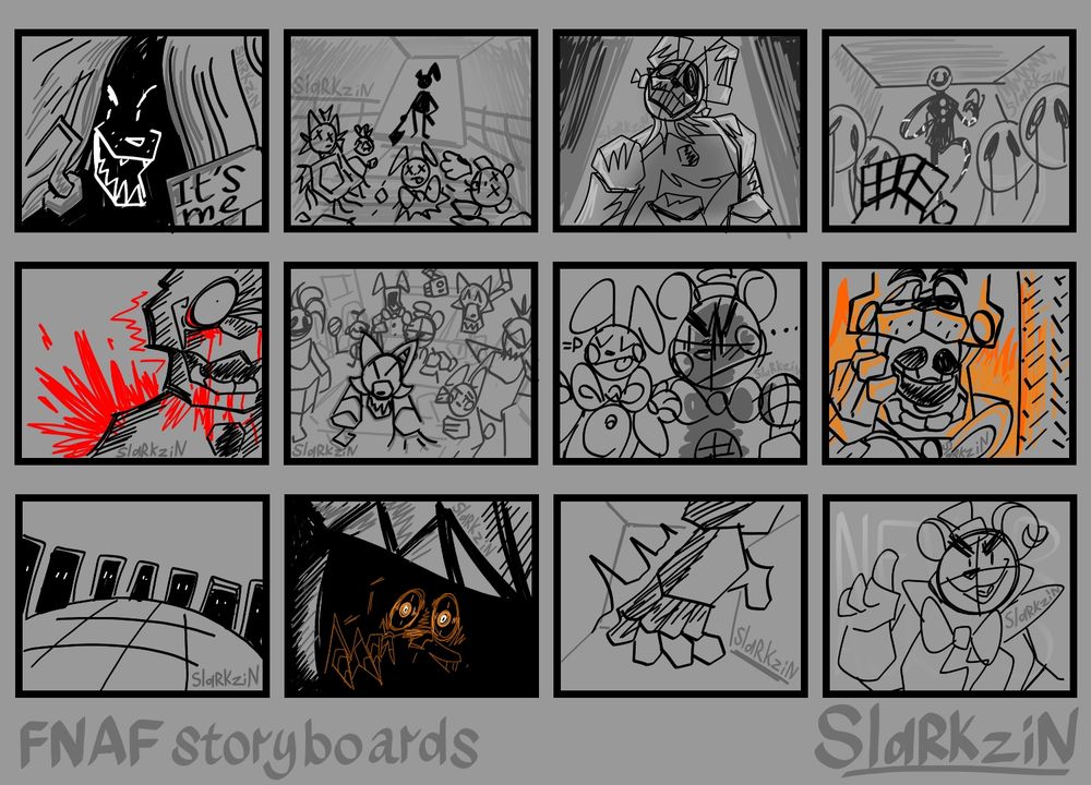 FNAF fanart featuring 12 rough storyboards of famous shots from FNAF SFM animations. Artwork contains mostly colorless art on a gray background with orange and red being used as a rare secondary color