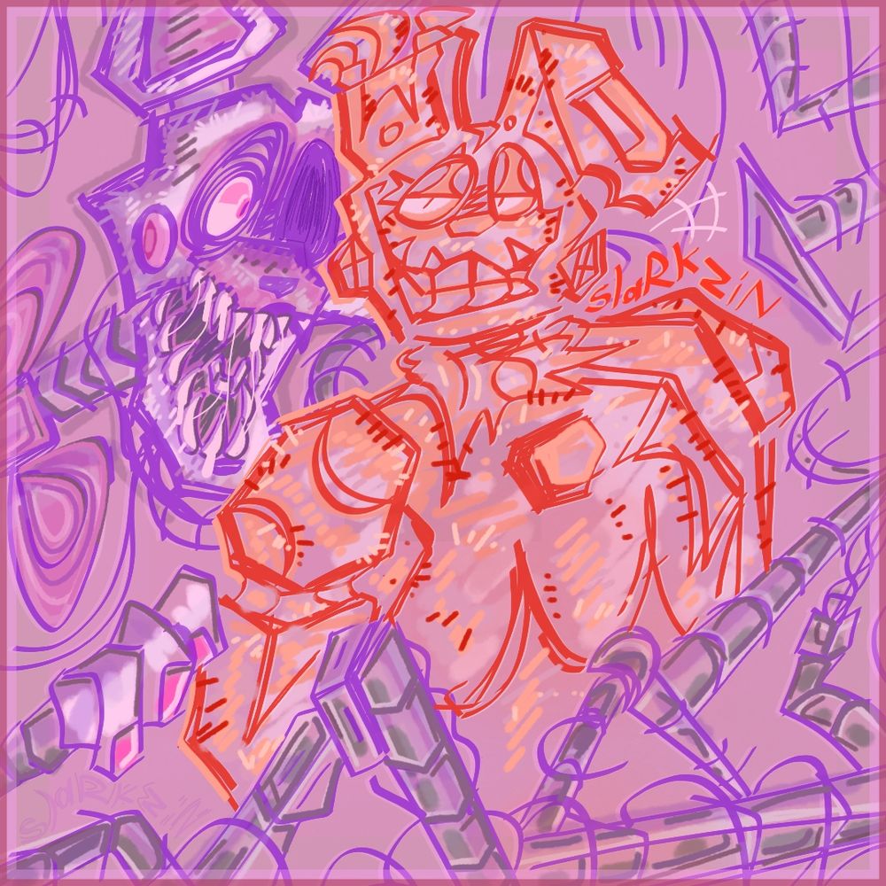 FNAF fanart featuring Springtrap x Mangle being tangled together (literally). Artwork contains pastel purple, pink and bright orange colors