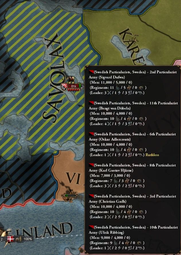 eu4 screenshot: a rebel group of 81k soldiers is besieging savolax