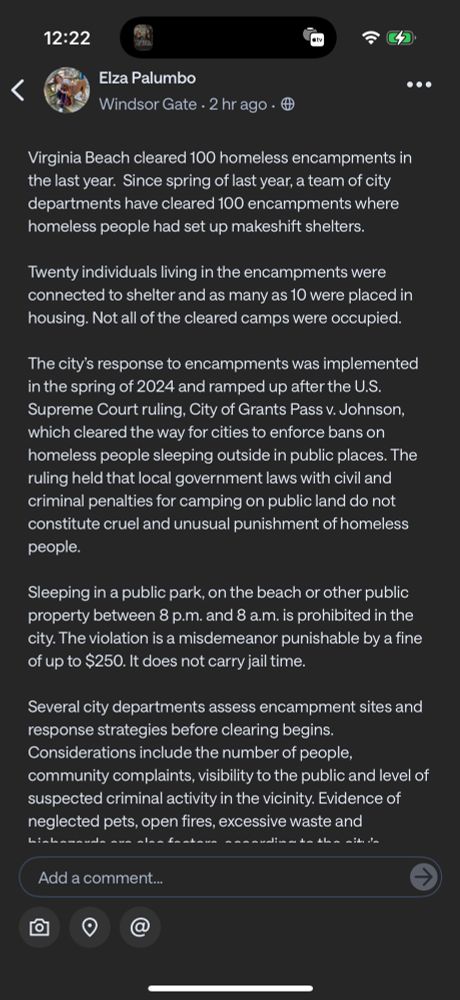 A screenshot of a Nextdoor post where a user summarizes Virginia Beach’s efforts to clear 100 homeless encampments over the past year. The post outlines that only a small number of people were connected with shelter, and that the city’s strategy was bolstered by a Supreme Court ruling. It mentions that sleeping in public spaces is now a misdemeanor with a fine up to $250.