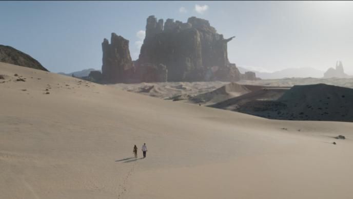 Screen grab from Foundation. They've landed miles from their destination and are having to walk.