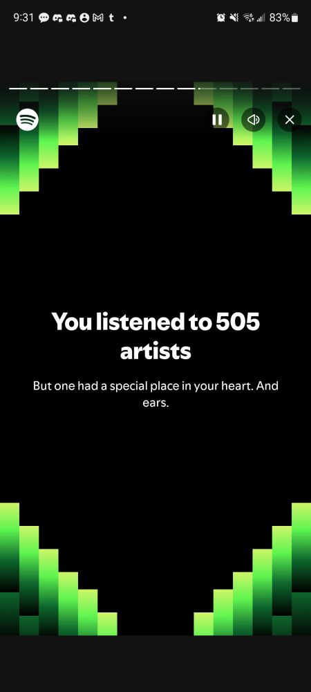 A Spotify Wrapped page, that says "You listened to 505 artists, but one has a special place in your hears. And ears."