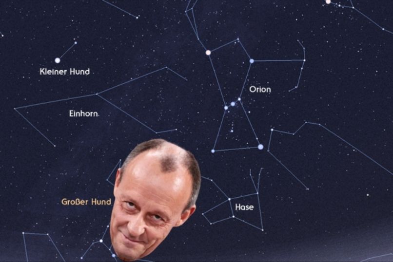 Karte von Sternenbildern. Abgebildet sind Orion, kleiner Hund, Einhorn und großer Hund. Bei dem Sternenbild des großen Hundes ist Friedrich Merz abgebildet 