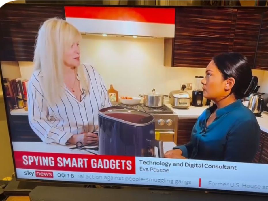 Home Kitchen with AirFryer and Eva Pascoe discussing home data protection with SKY TV journalist