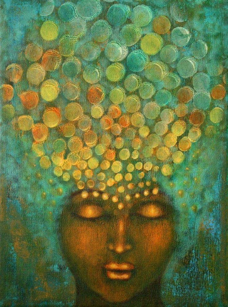 Painting of a woman with bliss bubbles emerging from her brain. Artist Credit: Christina Gage