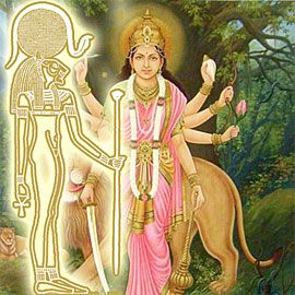 A golden image of lion-headed Egyptian Goddess Sekhmet and colored image of Vedic Goddess Durga in front of a lion. Both of them are fierce protectors and also healers. Om Sem Sekhmet Durgiyei Namaha