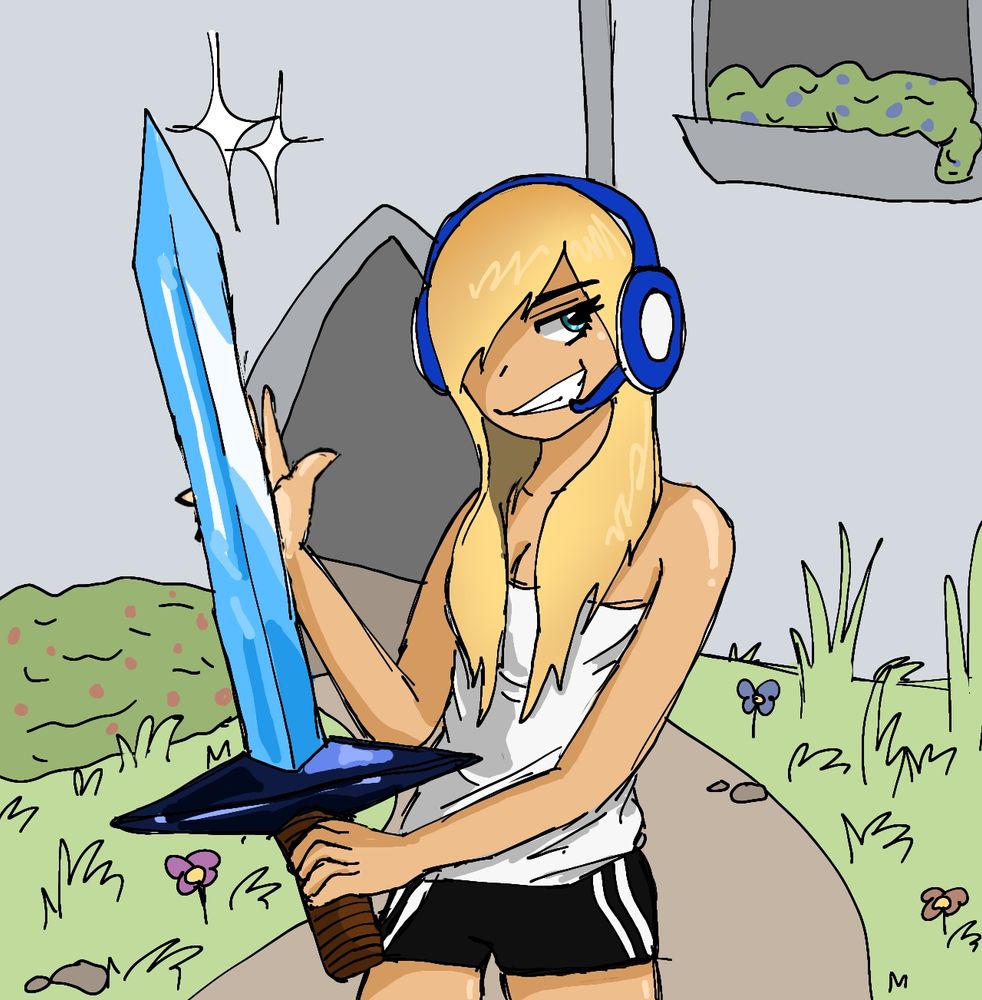 The psycho girl wielding her sword ,showing its sharpness as she grins, knowing she's about to win