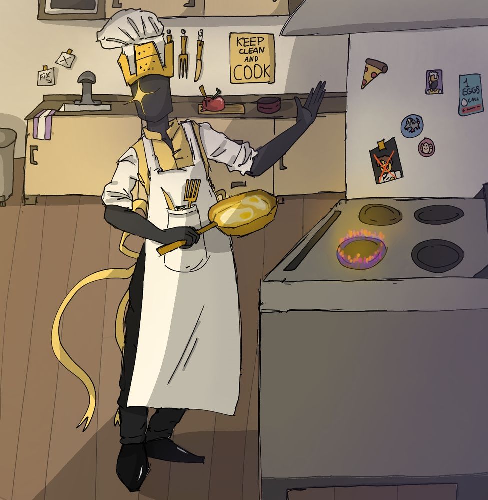 1 eggs cooking two eggs in his kitchen, holding one hand up, and one holding the golden pan. The stove is on.