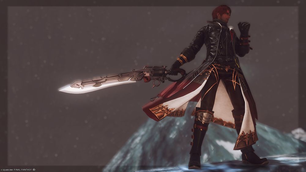 River, holding a sword in a snowstorm