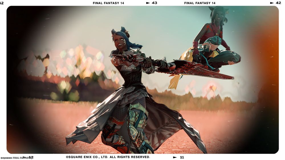 Viera holding a Miqote balanced on the edge of a sword, ready for launch