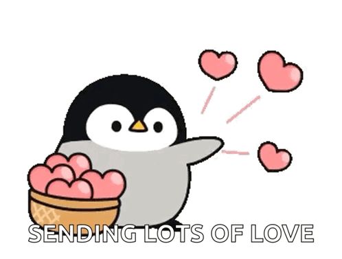 Image of a plush cartoon penguin with a basicet full of heart shapes, casting them towards the right side of the screen. Captioned with the message 
