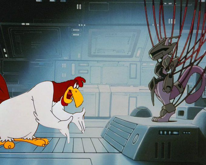Foghorn Leghorn from "Looney Tunes" lecturing the Pokemon Mewtwo.