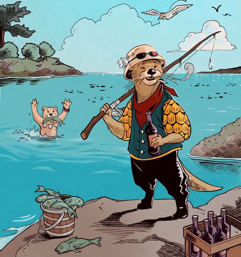 An otter on a rocky river bank holding a beer and a fishing pole, wearing fishing waders, a vest, a bandana and a bucket hat and smoking a cigarette and stands next to a small bucket overflowing with fish. Behind him another otter with a seashell necklace approaches from the water, waving and carrying a fish in his mouth, enthusiastic with his catch.
