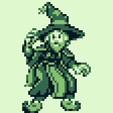 A gangly wizzard who looks poised to run away drawn in the style of a Game Boy Pokemon pixel portrait, green tinted
