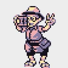 A tourist making a two-fingered gesture and poised to take an iconograph drawn in the style of a Game Boy Pokemon pixel portrait, lilac tinted