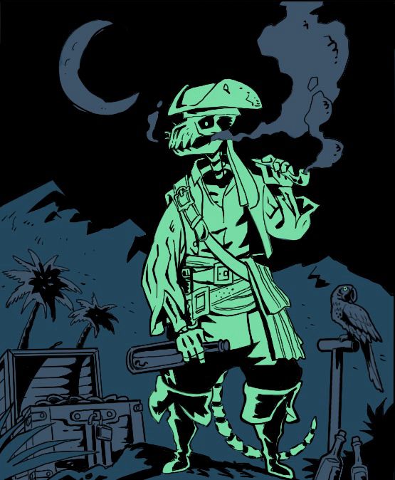 A pirate ghost smokes a pipe to celebrate the successful excavation of the treasure chest he had buried when alive