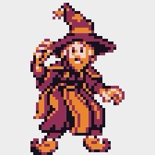 A gangly wizzard who looks poised to run away drawn in the style of a Game Boy Pokemon pixel portrait, magenta tinted