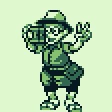 A tourist making a two-fingered gesture and poised to take an iconograph drawn in the style of a Game Boy Pokemon pixel portrait, green tinted