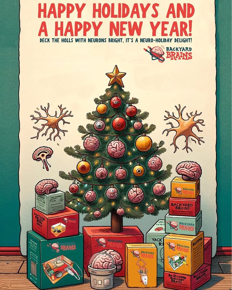 An illustrated Christmas card showing a Christmas tree decorated with little brains, a bunch of boxes of Backyard Brains neuroscience kits, and the text "Deck the halls with neurons bright, it's a neuro-holiday delight!"