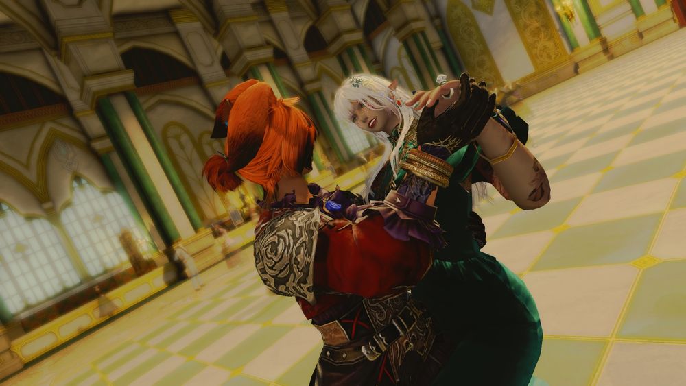 Ranni and Keres waltz together in a ballroom as Ranni is in a red version of the edenmorne scouting top and Keres is in a dark green ball gown