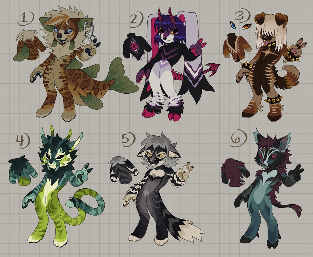 An adoptable sheet with six anthro animal characters to choose from, including a brown fish guy, a purple rabbit, a brown punk dog, a green alien cat, a grey... not sure what animal that is, and a teal pig. 