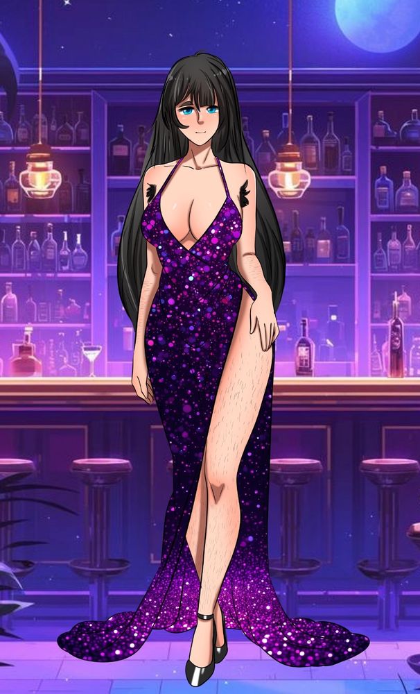 Mari, a fair-skinned woman with black flowing hair, stands in a dress with a glittering purple and black pattern. Her left foot is in front of her right foot, hairy arms at her sides. The dress has a side slit that exposes much of her fuzzy left leg, as well as deep cleavage that gives a peek at her large breasts. Bushy hair peeks out of her armpits.

She's standing before the viewer in a bar. Though she doesn't drink alcohol, she enjoys the vibe of the lounge-like environment. She has a soft smile on her face - she's enjoying flaunting herself as much as you likely are staring at her. 