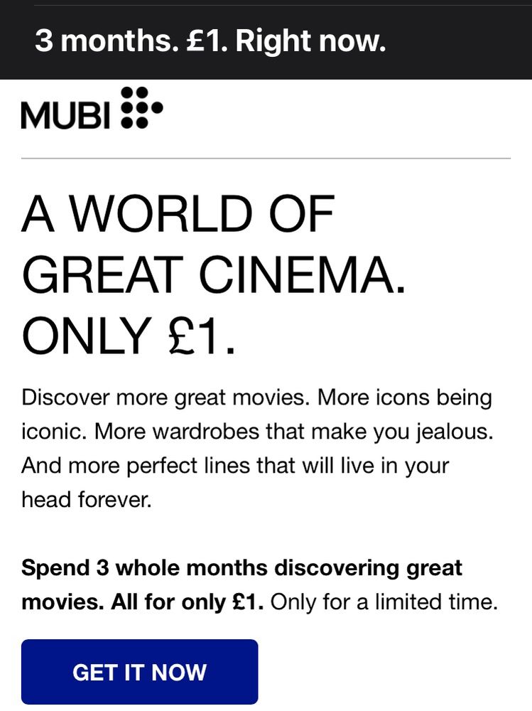 Mubi 3 months for £1 offer info