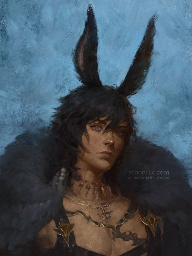 A commissioned painterly portrait of a Viera OC from Final Fantasy XIV. His eyes are the shade of periwinkle and he has a rather stern look on his face. Dark-grey hair obscures his forehead and curls around his neck. His outfit consists of a large feather wrap around his shoulders and black straps with golden ornaments. 
