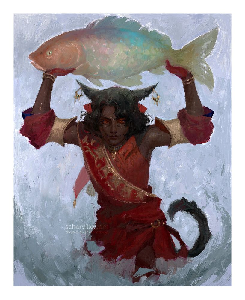 A commissioned work of a FFXIV oc, D'vynka Tia. He's a dark-skinned miqo'te wearing a red regal outfit with plenty of gold ornaments. His eyeshadow is a striking shade of orange, matching his orange eyes. His back is slightly hunched as he's holding a massive rainbow fish over his head. 