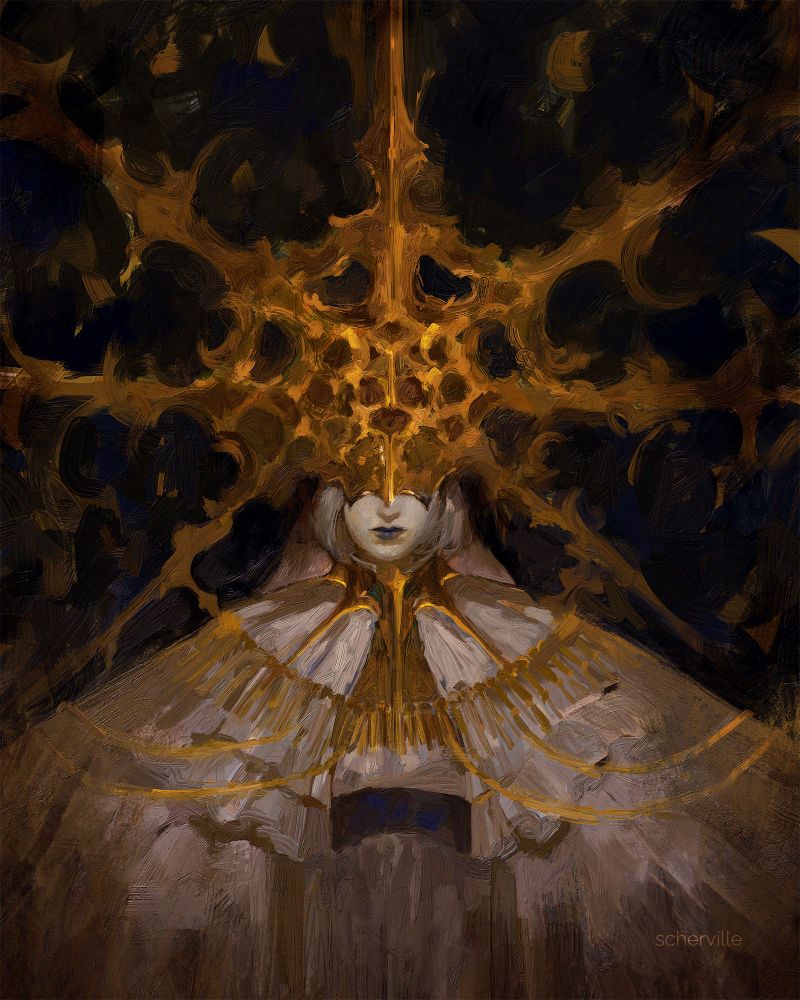 A pale figure in white robes, arms outstretched. Covering half of their face is a big, ornamental golden headpiece with symmetrical spikes growing in every direction. Gwyndolin from Dark Souls. 