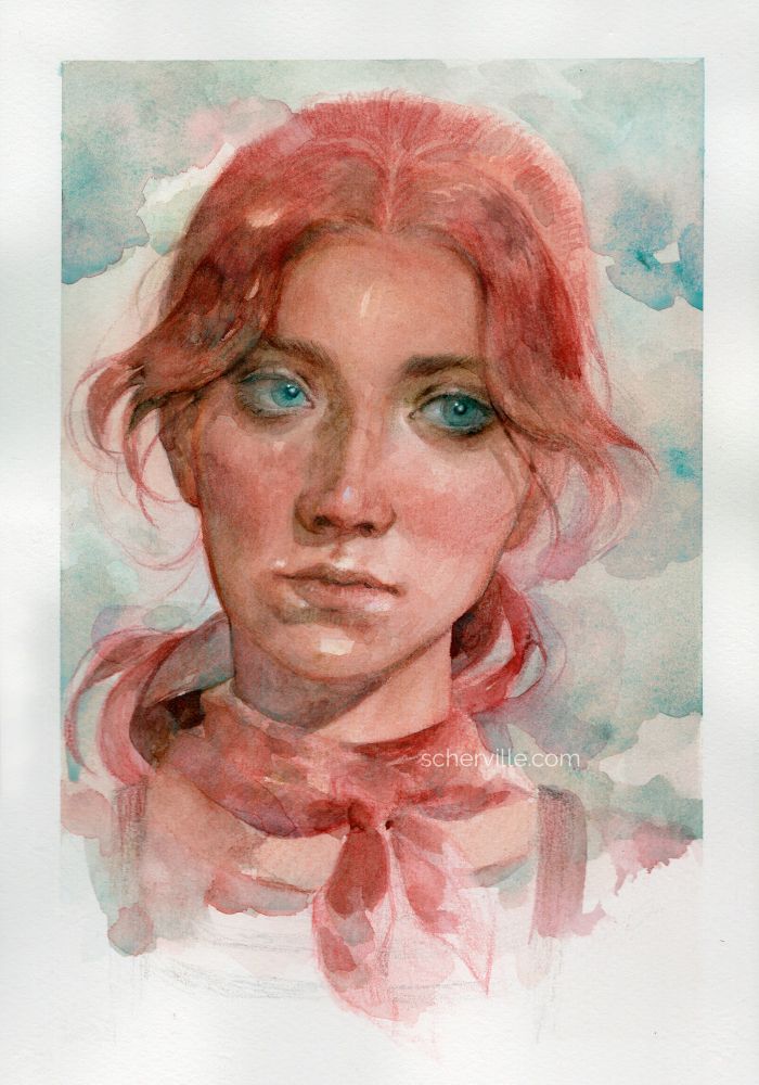 A watercolour portrait of Maelle from Clair Obscur: Expedition 33. A girl with long red hair that’s pulled back in a ponytail. 